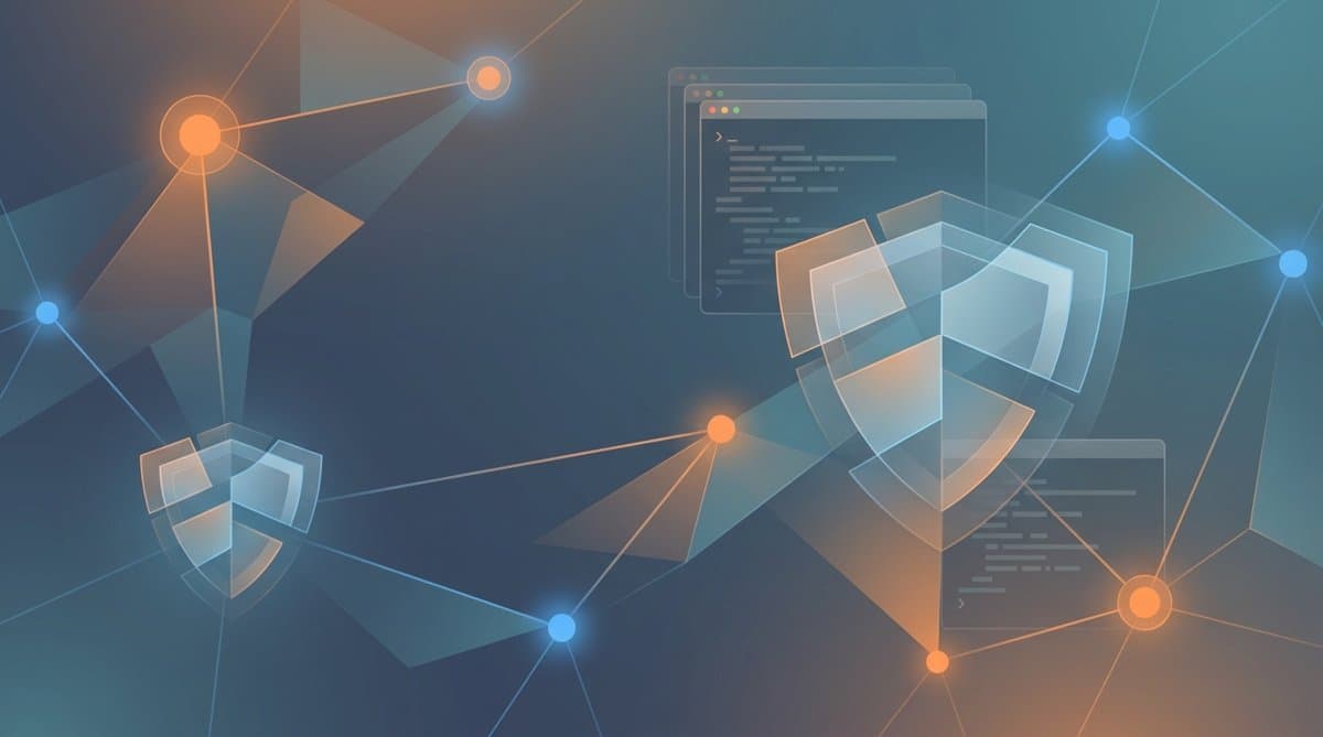 Abstract illustration of AI penetration testing showing network nodes, security shields, and terminal command-line windows