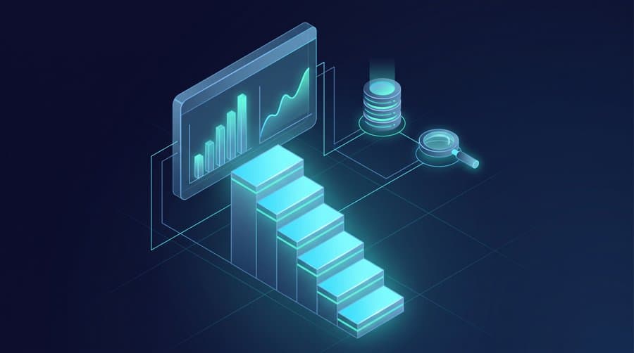 How to become a data analyst with no experience - isometric career staircase leading to a data dashboard