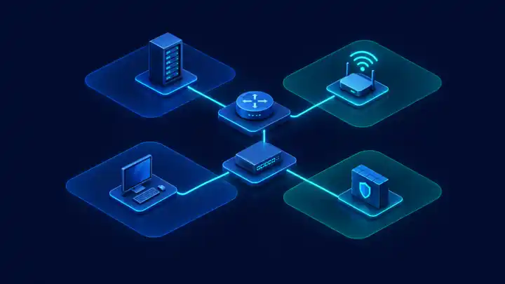 Isometric network topology with router, switch, and subnet zones for the Network+ certification guide