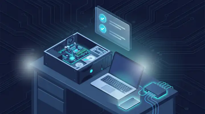 Isometric illustration of an IT support workbench with a PC, laptop, and network switch for the CompTIA A+ certification