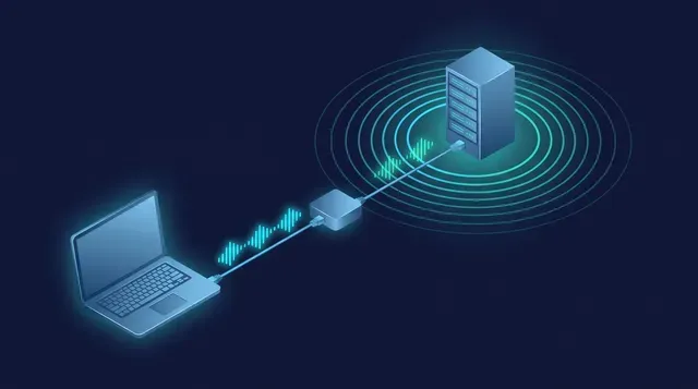 Isometric illustration of the ping command sending ICMP echo requests from a laptop through a router to a server