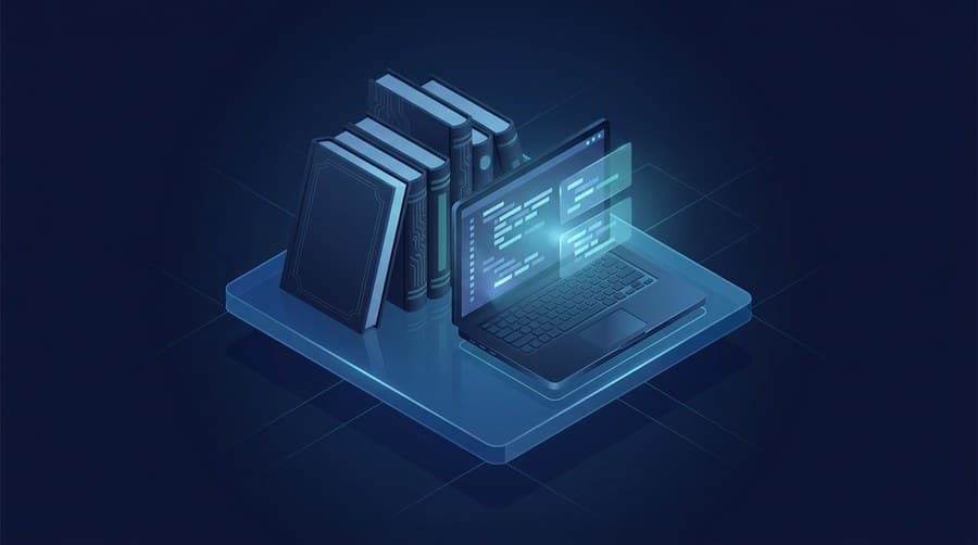 Isometric illustration of Python books and a laptop with code, best Python books for beginners