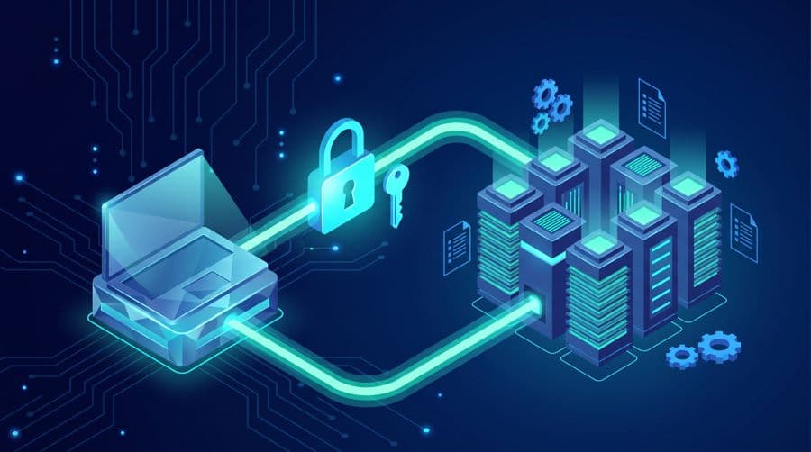 SSH config file on Linux - isometric diagram of a secure SSH connection from a laptop to servers