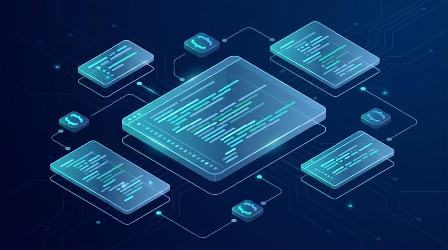 Isometric illustration of code editor panels and curly braces representing Python f string formatting