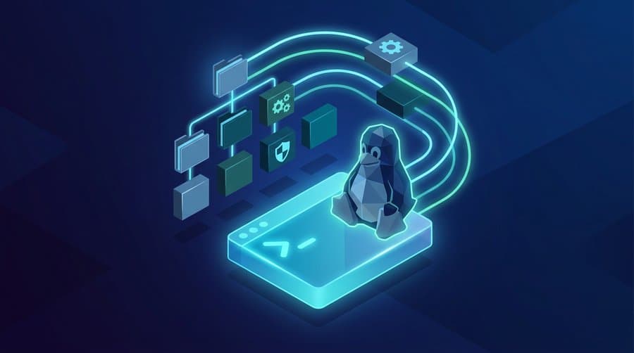 Best way to learn Linux - isometric penguin on a terminal with a filesystem roadmap