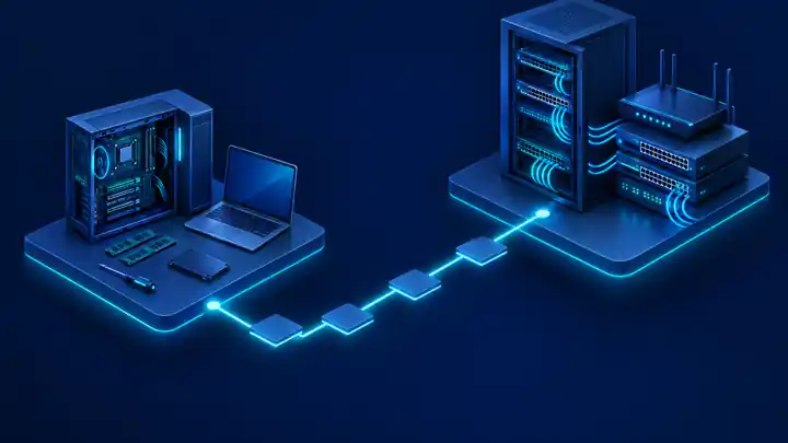 CompTIA A+ vs Network+: isometric hardware support workstation connected by a glowing path to a network rack with switches and a router