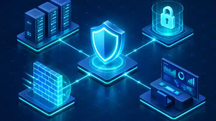 Isometric illustration for the CompTIA Security+ certification guide showing a security shield connected to servers, a firewall, a lock, and a monitoring console