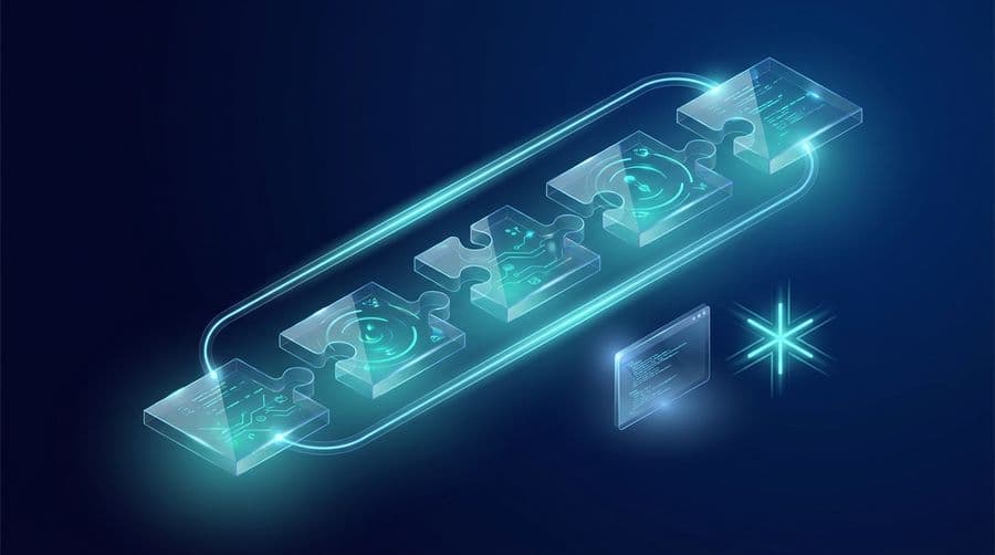 Python string concatenation illustrated as puzzle pieces joining into one connected chain