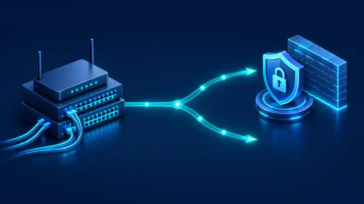 CCNA vs Security+: isometric router and switch stack with a path splitting toward a security shield and firewall