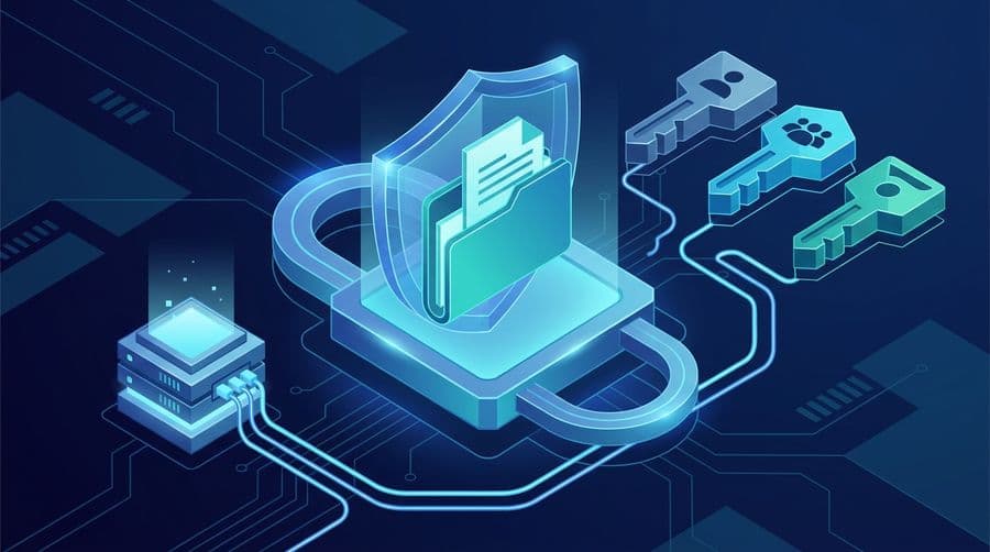 Linux chmod command file permissions concept with shield, folder, and access keys