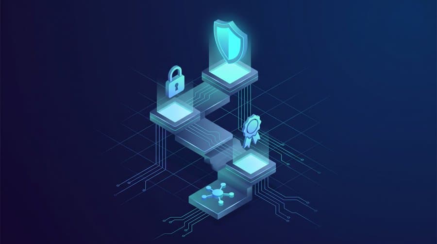 Cybersecurity certification roadmap - isometric ascending steps with shield, padlock, and certificate icons