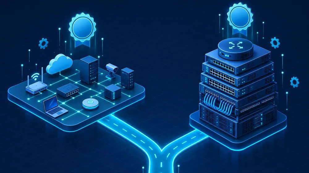 Network+ vs CCNA shown as two networking certification paths: broad devices vs a deep router and switch stack