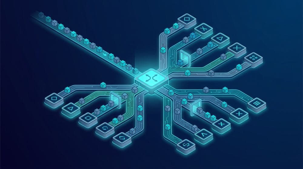 Isometric illustration of a data stream routed into multiple lanes, representing the Python match case statement