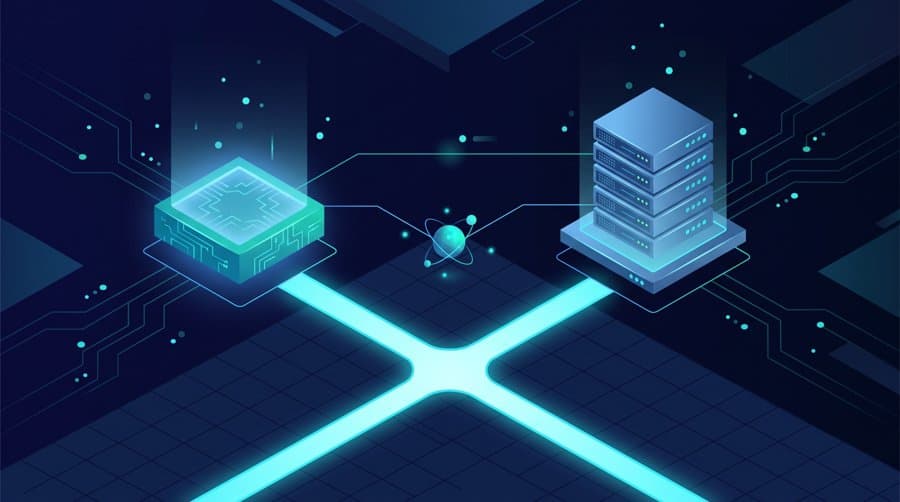 Python vs PHP - isometric forking path between a glowing chip and a server stack