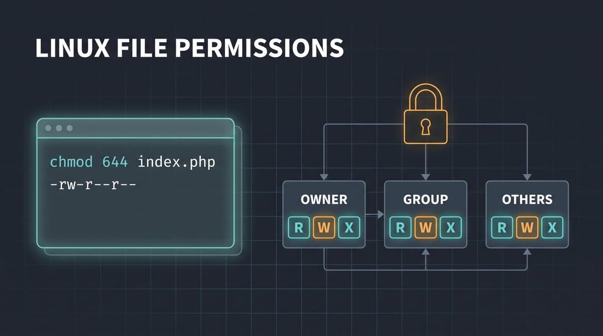 Diagram showing Linux file permissions: chmod 644 index.php with read, write, and execute bits for owner, group, and others