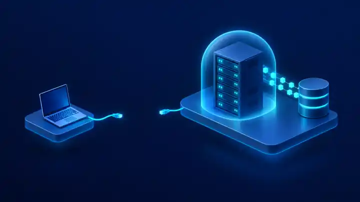 Linux nohup command: isometric server rack keeps running under a protective dome after a laptop's network cable disconnects