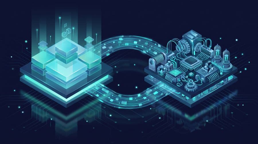 Python vs C - isometric comparison of a high-level code stack versus a low-level hardware machine