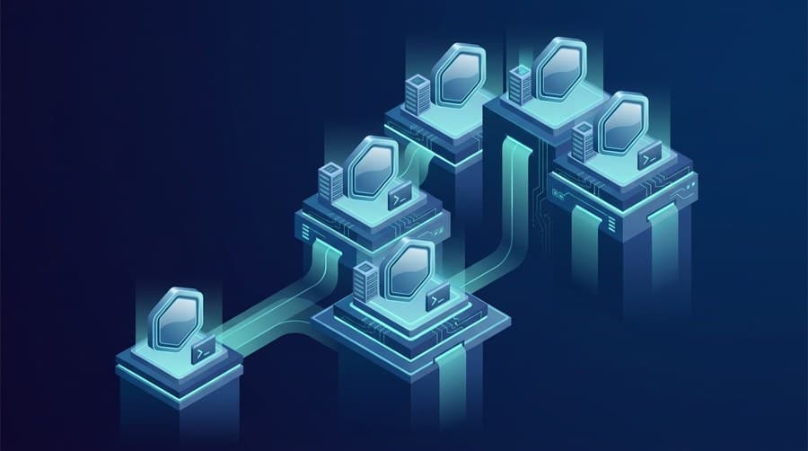 Isometric illustration of the best Linux certifications as an ascending career path of badges