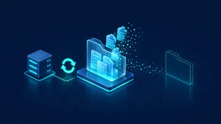 Python tempfile: isometric glass folder with temporary files dissolving into particles beside a server and recycle arrow