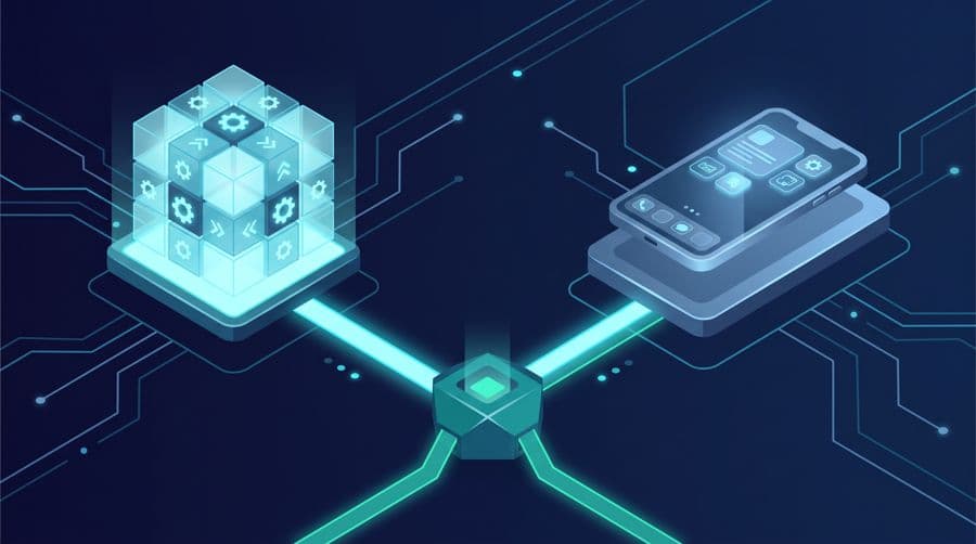 Python vs Swift - isometric forking path between an automation cube and a mobile app device