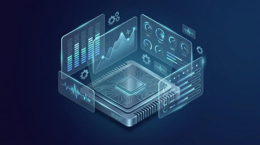 Isometric illustration of a Linux system monitor dashboard representing the linux top command