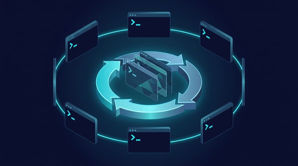 Isometric illustration of terminal windows in a loop representing a bash for loop iterating over a list