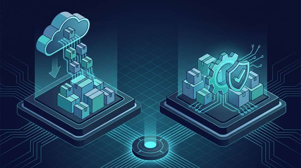 conda vs pip - isometric comparison of two Python package managers, one pulling packages from a cloud repository and one solving dependencies