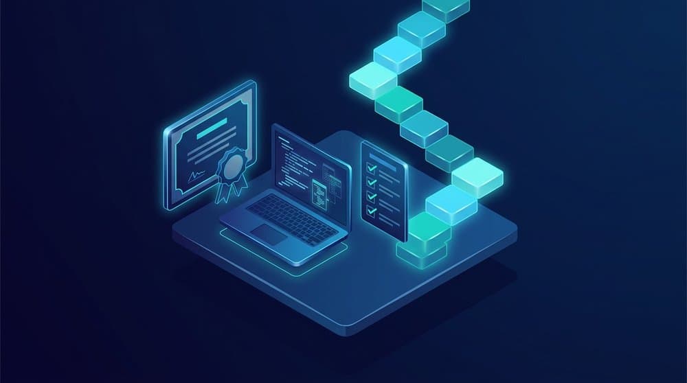 Isometric illustration of the PCEP certification, showing a certificate, laptop with code, an exam checklist, and a rising learning path