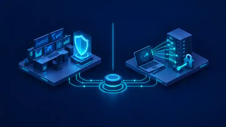 CySA+ vs PenTest+: isometric defensive security operations desk beside an offensive penetration testing station
