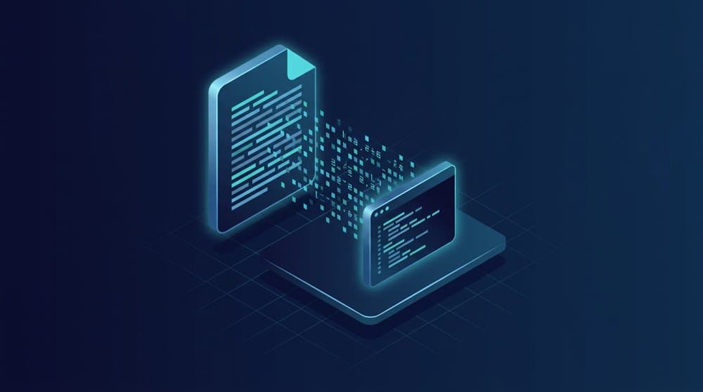 Isometric illustration of reading a file in Python, data streaming from a document into a terminal