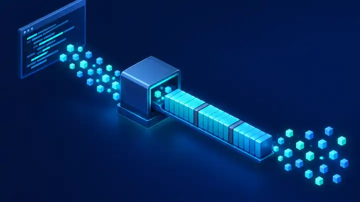 Python struct module: isometric data cubes flowing from a terminal into a machine that packs them into a byte array and unpacks them again