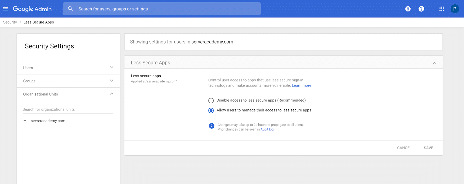 Google Admin Security Settings