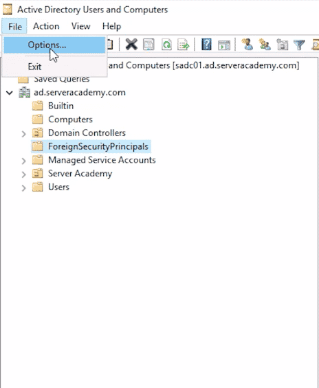 active directory users and computers file menu options