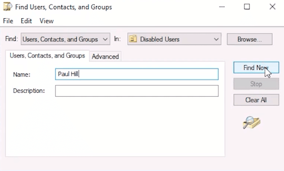 find contacts, users and groups window