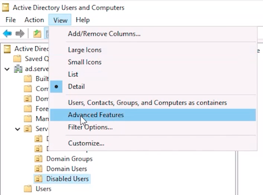 active directory users and computer turn on advanced features