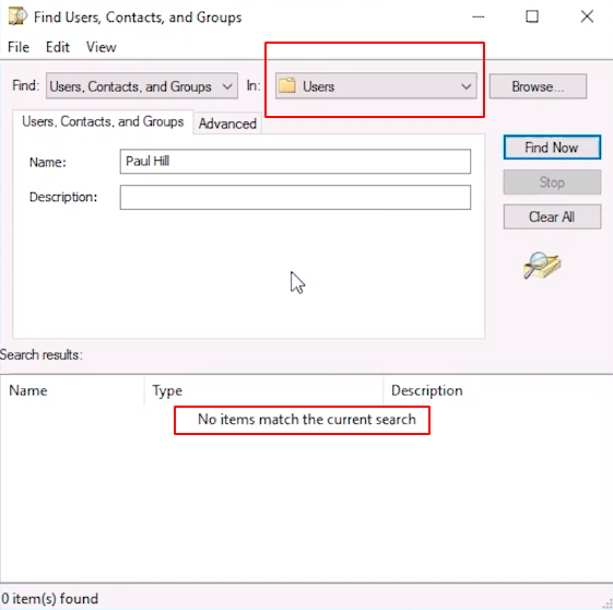 find user account paul hill in users container