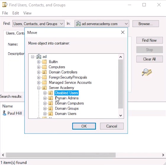 find contacts users and groups window move object into a ou