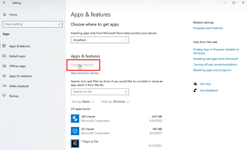 apps optional features