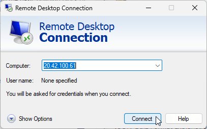 Enter the IP address of your Azure VM