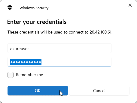 Enter your Azure VM's Username and Password