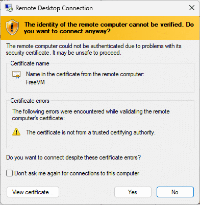 Connect to VM despite validation errors