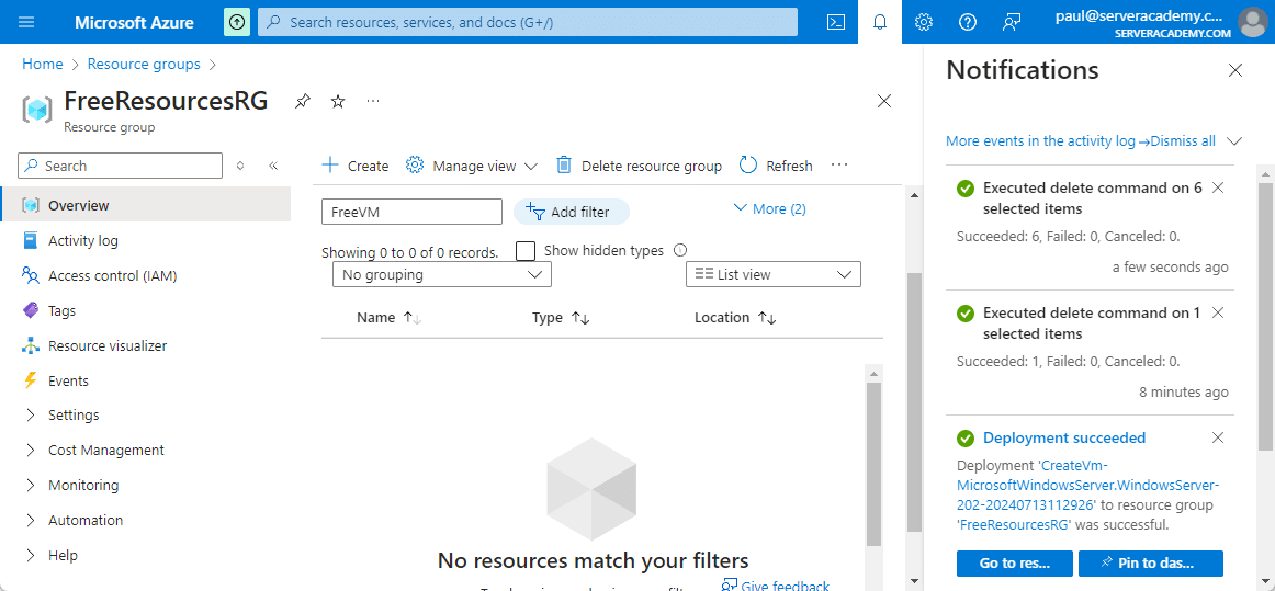 Azure Delete Successful