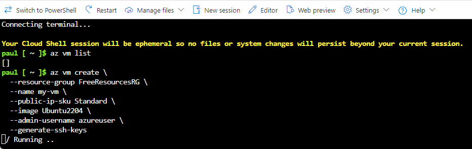 Azure Bash Shell Create VM